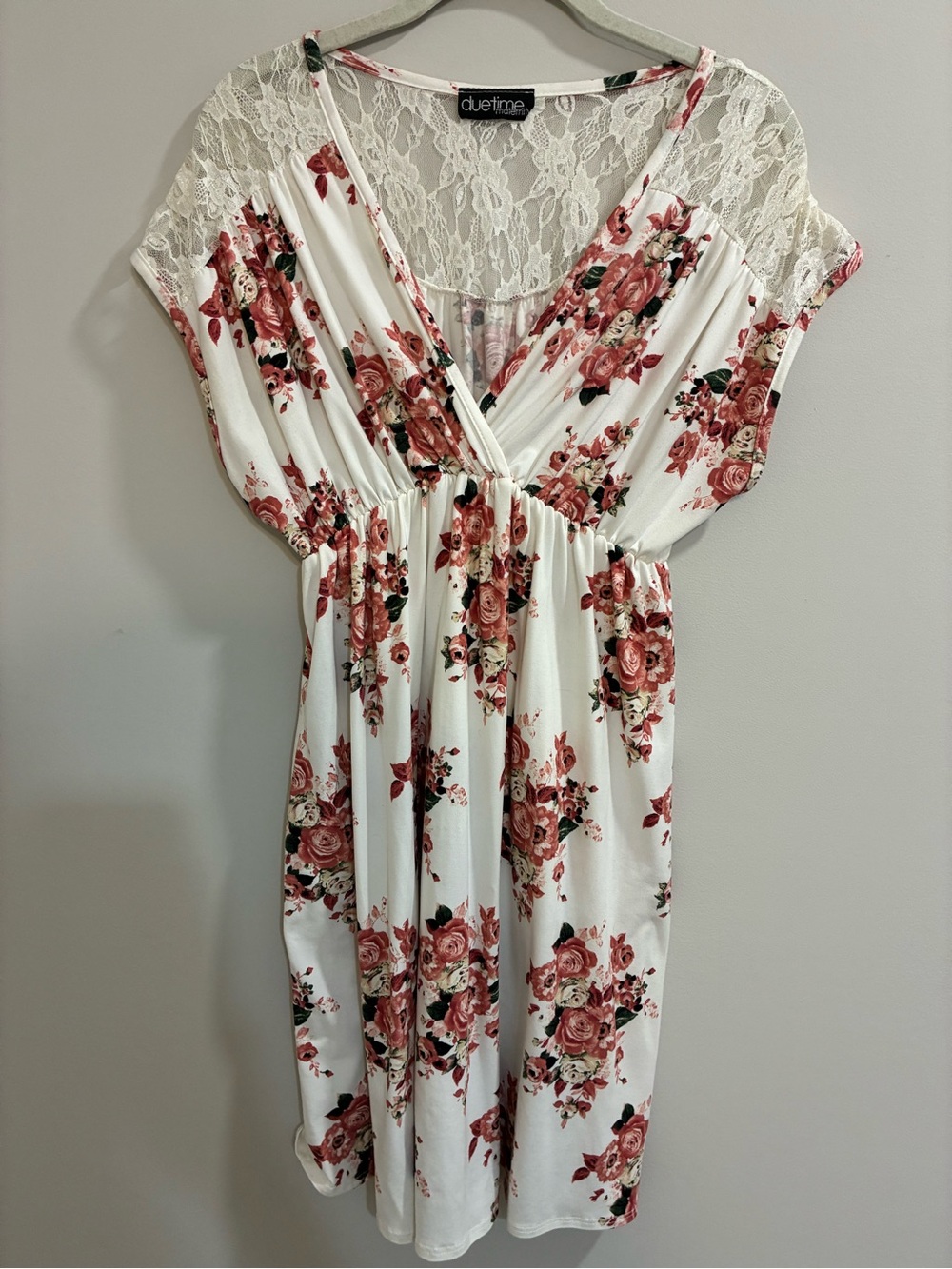 Due Time Maternity White Floral Rose Print Lace-Detail Maternity Dress X-Large